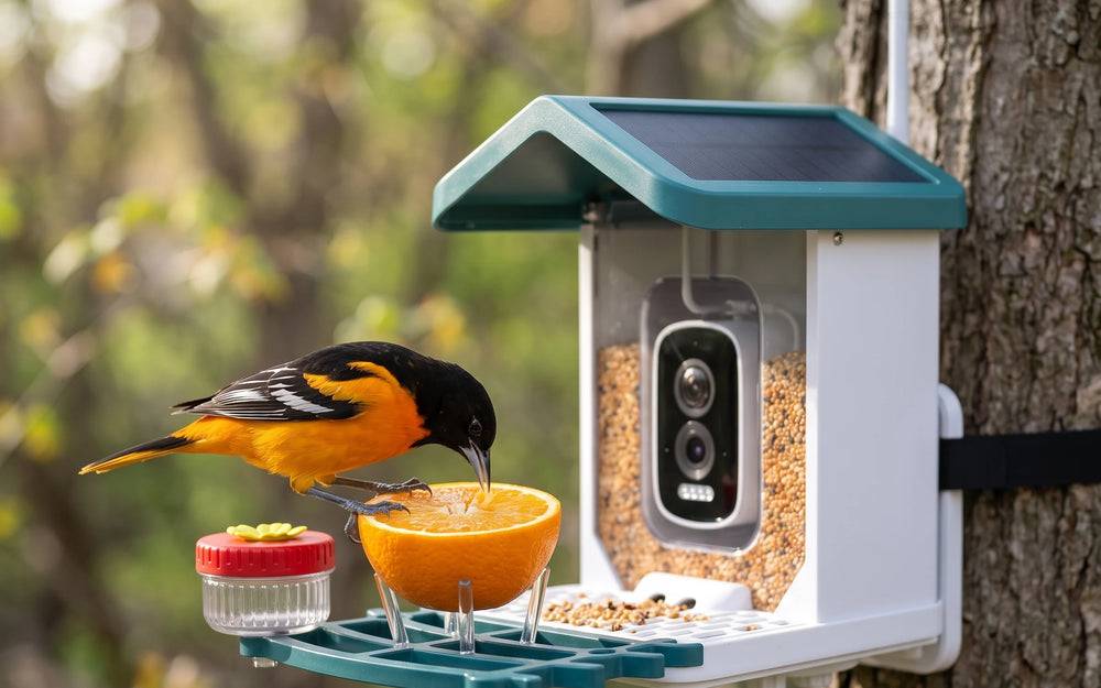 A Baltimore oriole on the perch eating from an orange half beside the red-capped jar