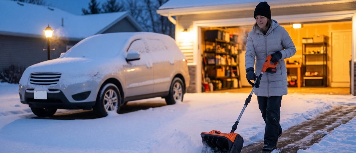 A suburban driveway before dawn under the light of an open garage, a smiling young Black woman with short natural hair in a light-grey puffer coat and a black beanie pushing an orange-and-black snow shovel along a bare strip towards the camera, a silver SUV buried under fresh snow at the left and a deep-blue sky behind
